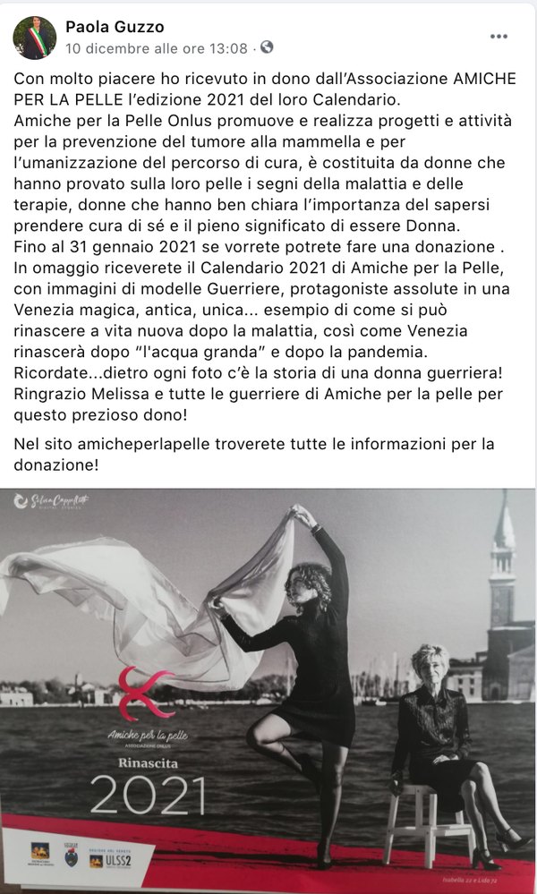 Post dell’associazione Amiche per la Pelle sulla raccolta fondi del calendario Rinascita 2021