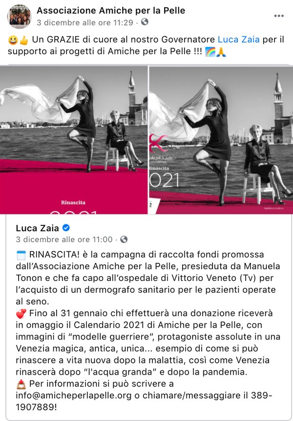 Post dell’associazione Amiche per la Pelle con il sostegno di Luca Zaia al calendario Rinascita