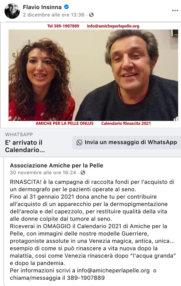 Post di Flavio Insinna dedicato al calendario solidale Rinascita 2021